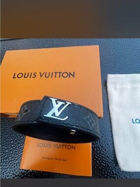 Louis Vuitton Black Monogram Leather Bracelet with Silver LV